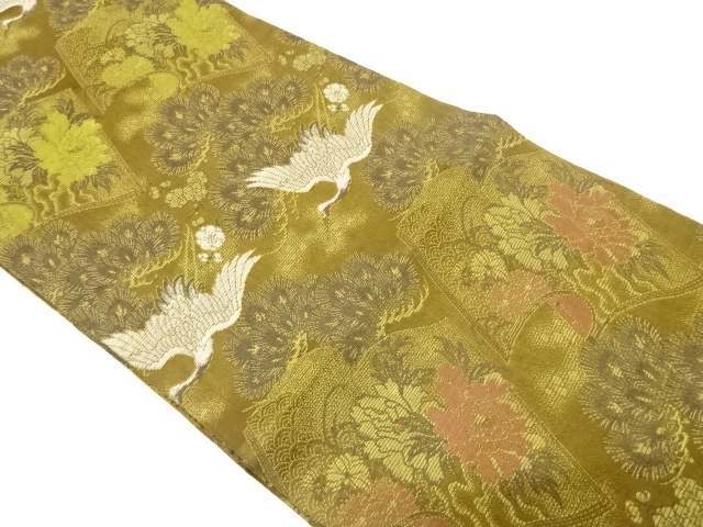 JAPANESE KIMONO / ANTIQUE MARU OBI / SILK / WOVEN CRANE & FLOWER